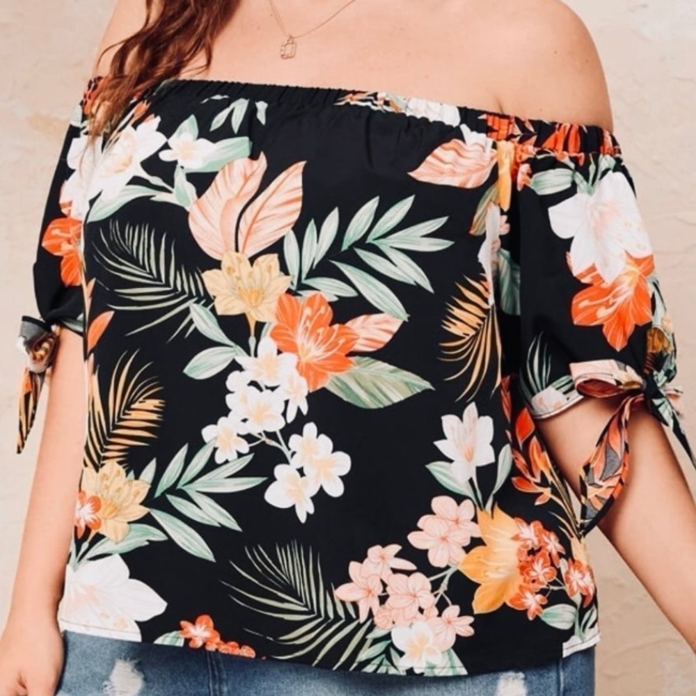 EUC Tropical Print Off The Shoulder Top w/ Knotted Sleeves